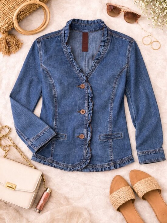 Gloria Vanderbilt Jackets & Blazers - Gloria Vanderbilt Denim Jacket Small Ruffle Trim Button Front